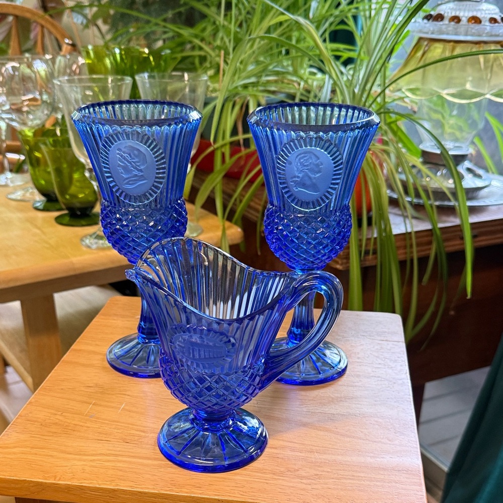 Avon Cobalt Blue George and Martha Washington Pressed Glass Creamer and Goblets